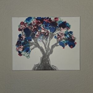 Silver Trunk Wall Art with Blue and Pink Foliage